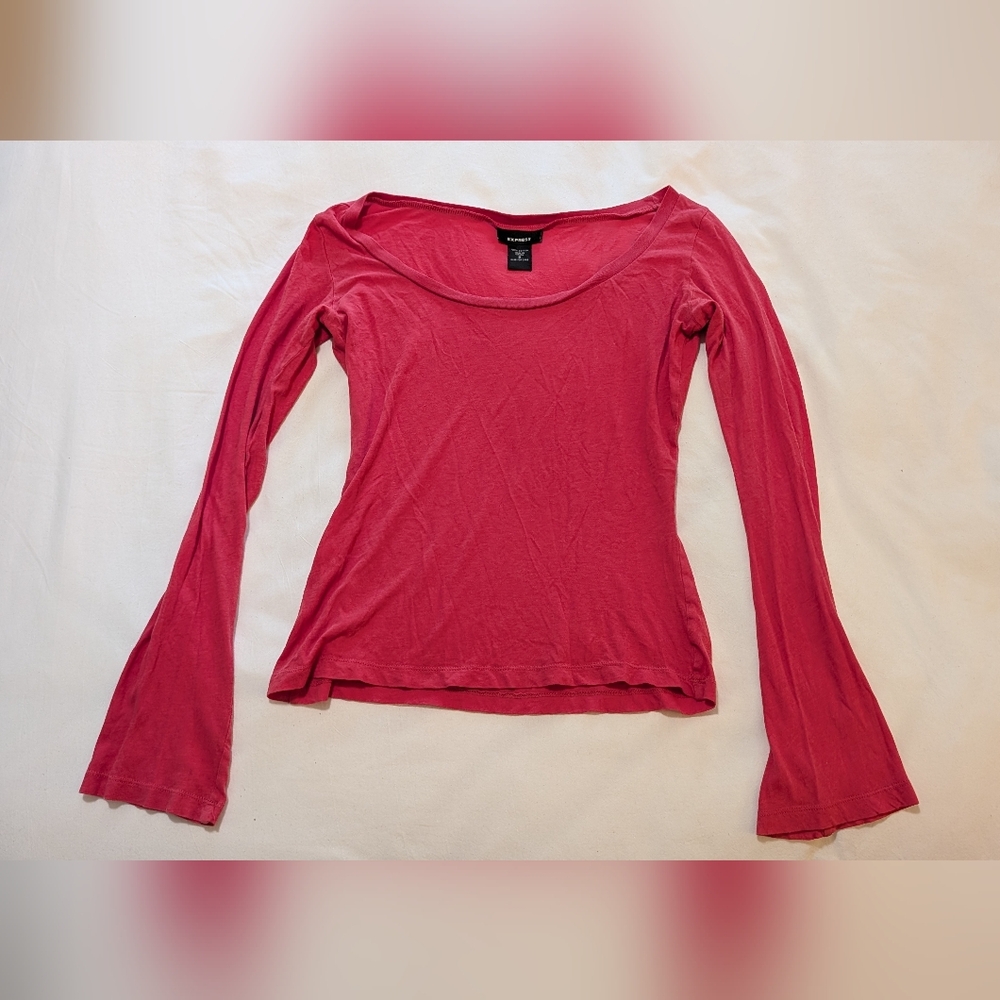 Express Deep Pink Wide Neck Flare Long Sleeve Cotton Top, M